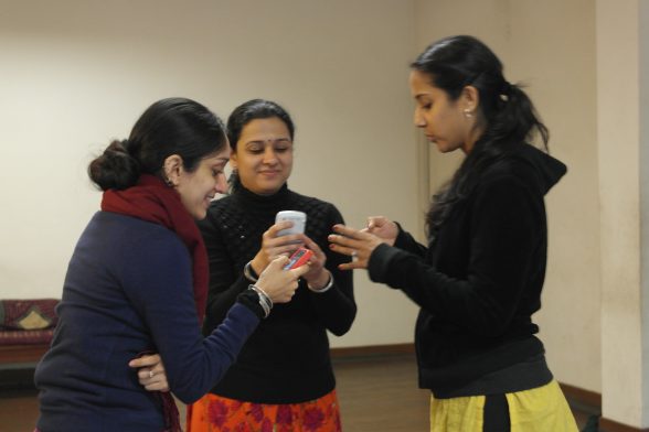 Mythili, Monisa and Arushi capture rhythmic phrases on their mobiles to practice on the go! 